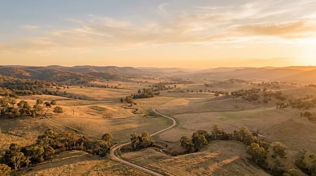 Golden-hour aerial of an open rural valley with a winding road and scattered gum trees in regional New South Wales.